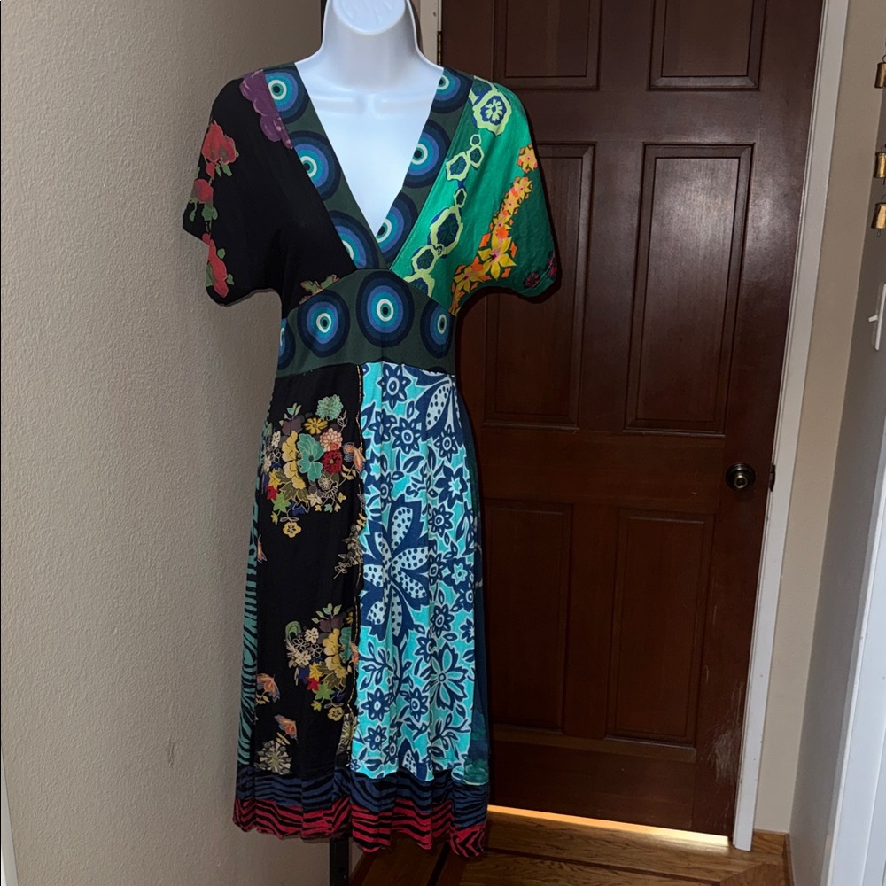 NWT Desigual Multicolor Multi-pattern Evil Eye Midi Deep V Dress Women’s Size M